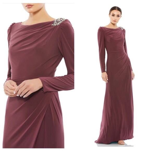 NWT IEENA for MAC DUGGAL Mauve Boat Neck Jersey Gown W/ Embellished Shoulder - Picture 1 of 11